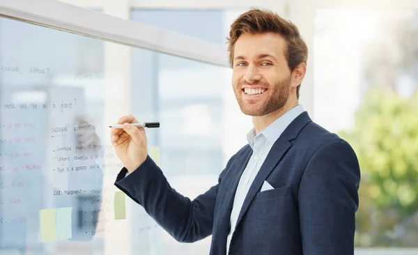 Board Happy Office Portrait Man Writing Project Plan Corporate Innovation — Stock Photo, Image