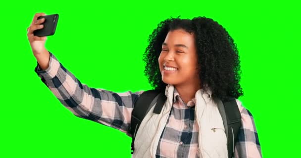 Travel Video Call Selfie Woman Green Screen Social Media Backpacking — Stock Video