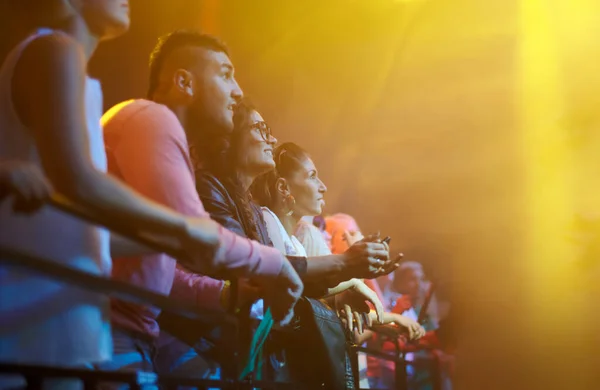 Público Fans Viendo Conciertos Festival Música Con Luces Maqueta Multitud — Foto de Stock