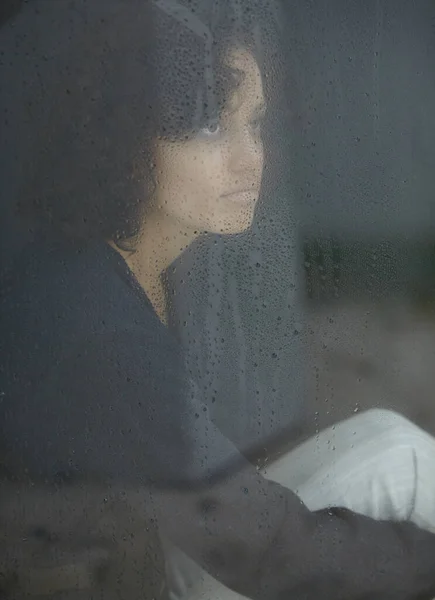 Sad Rain Thinking Woman Window Depression Tired Lonely Anxiety Mental — Stock Photo, Image