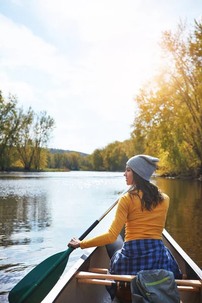 Always Paddle Young Woman Going Canoe Ride Lake — Stock Photo, Image