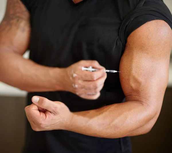 Arm Steroids Syringe Bodybuilder Man Using Needle Bicep Muscle Injection — Stock Photo, Image