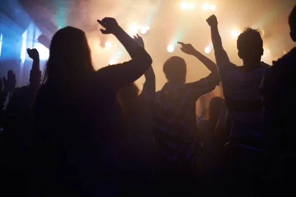精力和人们在音乐节上从后面 夜晚和现场音乐会的轮廓上跳舞 在摇滚乐团表演或派对上的人群中 娱乐和一群兴奋的歌迷 — 图库照片