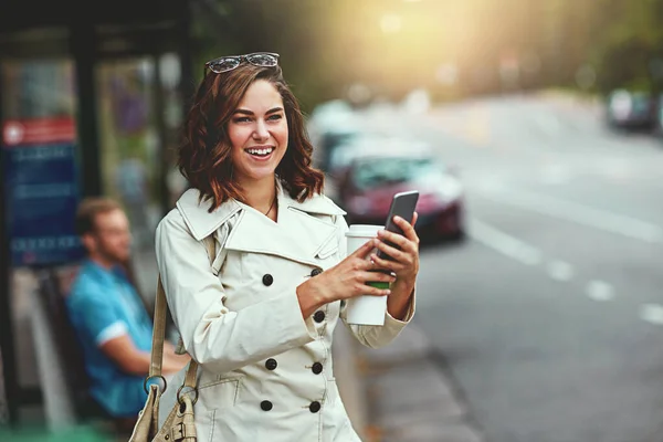 stock image The perfect way to spend a day. a happy young woman going for a walk around the city