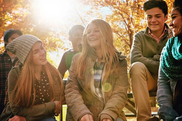 Roliga Dagar Ungdom Grupp Unga Vänner Njuter Dag Parken Tillsammans — Stockfoto
