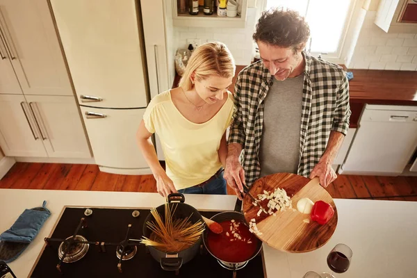Theres Nothing More Fun Cooking Your Husband Couple Cooking Meal — Stock Photo, Image