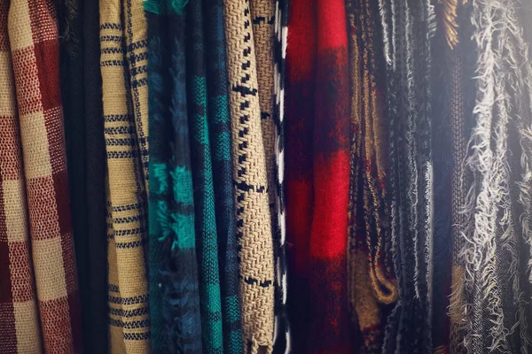 Weather Might Cold Your Style Shouldnt Closeup Shot Scarfs Hanging — Stock Photo, Image