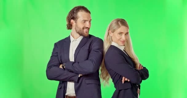 Business Couple Crossed Arms Portrait Green Screen Happy Collaboration Laughing — Stock Video