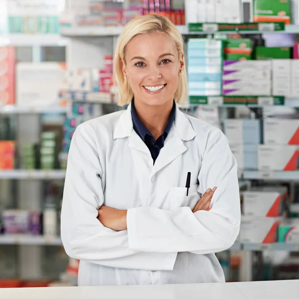 Health Greatest Wealth Portrait Pharmacist Working Drugstore All Products Have — Stock Photo, Image