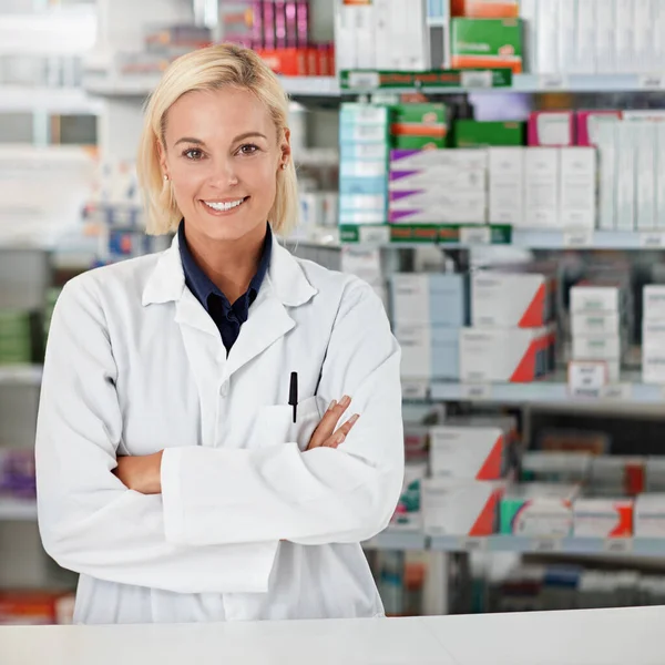 Shes Rated Portrait Pharmacist Working Drugstore All Products Have Been — Stock Photo, Image