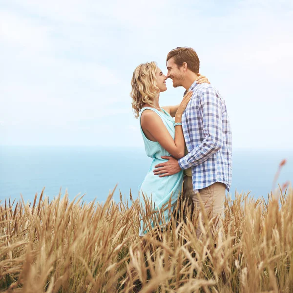 The moment before a kiss. a young couple in a field on a sunny day