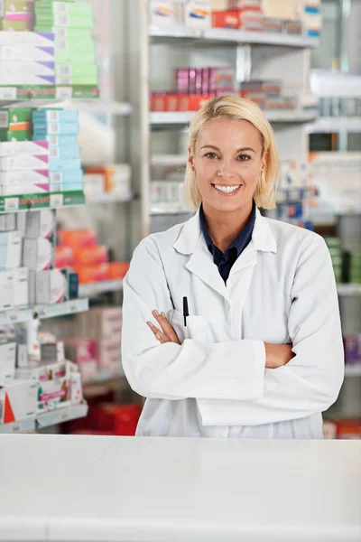 Its All Here Your Local Pharmacy Portrait Pharmacist Working Drugstore — Stock Photo, Image