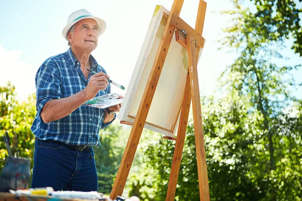 Inspiration has struck. a senior man painting in the park
