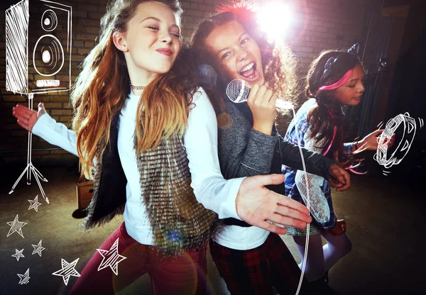 Benne Van Zene Gyerekek Énekelnek Rockzenét Játszanak Képzeletbeli Hangszereken — Stock Fotó