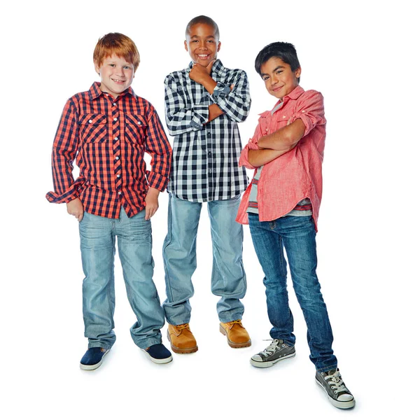 Coolest Kids Studio Portrait Group Young Friends Posing White Background — Stock Photo, Image