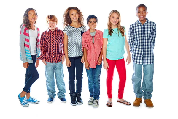 Kids Zone Studio Portrait Group Young Friends Posing White Background — Stock Photo, Image