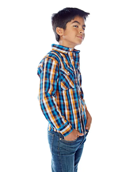 Guapo Lil Amigo Retrato Estudio Niño Posando Sobre Fondo Blanco — Foto de Stock