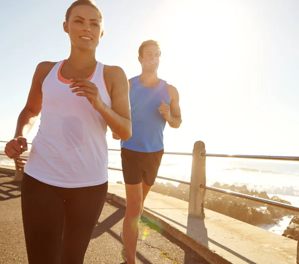 Keep Calm Get Fit Young Couple Jogging Together Promenade — Stock Photo, Image