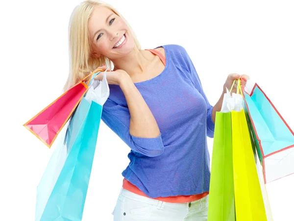 Zakupy Uszczęśliwiają Podekscytowana Młoda Kobieta Trzymająca Torby Zakupy Białym Tle — Zdjęcie stockowe