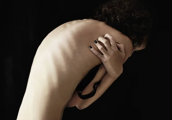 Anoreksiya Bulimia Kadının Arka Plandaki Kilosu Takıntısı Siyah Arka Planda — Stok fotoğraf