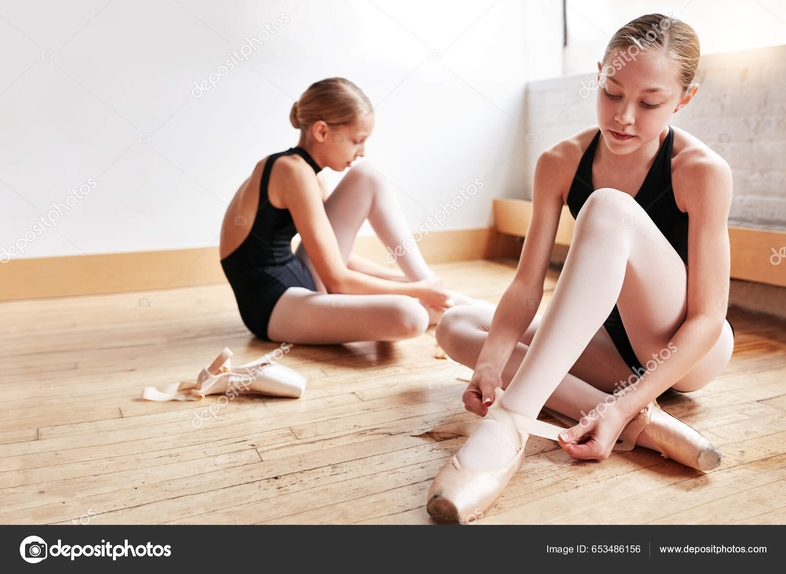 Time Dance Two Young Girls Putting Ballet Slippers Dance Studio.