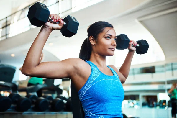 Raise Standard Attractive Young Woman Working Out Dumbbells Gym — Stock Photo, Image