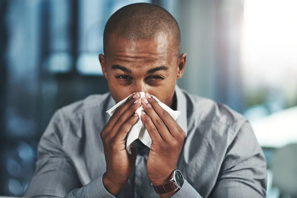 Flu Negatively Impacting Success Portrait Young Businessman Blowing His Nose — Stock Photo, Image