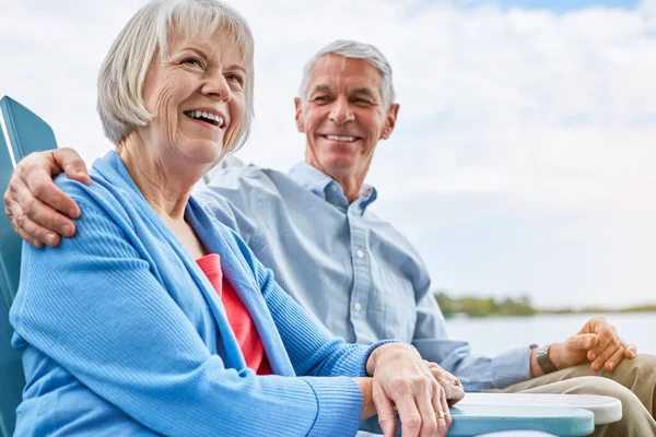 Planning Retirement Paid Affectionate Senior Couple Relaxing Chairs Together — Stock Photo, Image