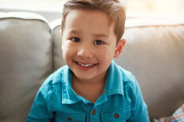 Cute Comfy Cropped Portrait Adorable Little Boy Sitting Sofa Home — Stock Photo, Image
