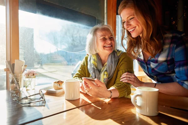 stock image Bonding time for mother and daughter. a young woman and her senior mother browsing on a cellphone in a cafe