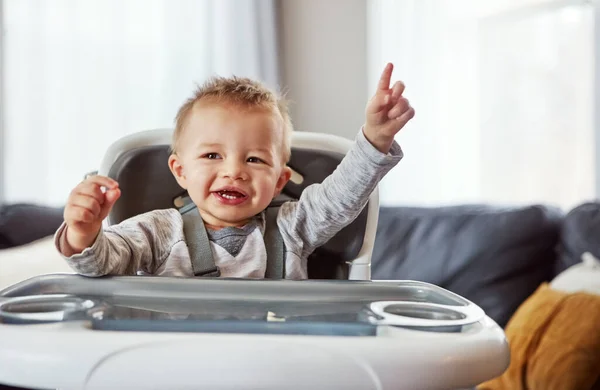 stock image Hes the happiest little boy. a cute little baby boy sitting in his feeding chair