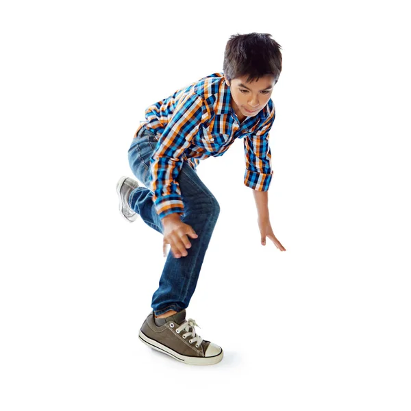 Koukni Jeho Pohyby Studio Záběr Mladého Chlapce Tančící Bílém Pozadí — Stock fotografie