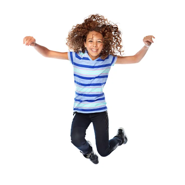 Тонны Веселья Студийный Снимок Молодой Девушки Прыгающей Радости Белом Фоне — стоковое фото