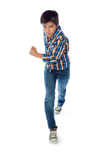 Слідкуйте Світом Вже Прийшов Студійний Портрет Хлопчика Біжить Білому Тлі — стокове фото