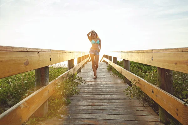 Next Stop Beach Young Woman Bikini Walkway Beach — Stock Photo, Image