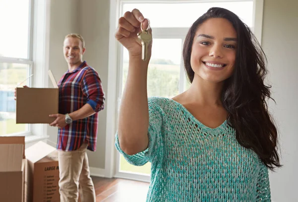 Holding Keys Dream Home Young Couple Moving New Home Stock Image