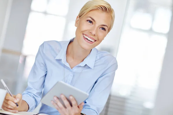 All Starts Idea Young Businsswoman Using Digital Tablet Her Desk Stock Photo