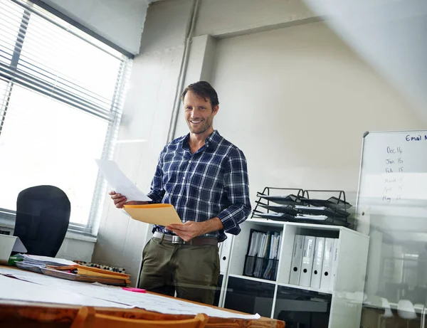 stock image This contract is a big step forward for the company. a handsome businessman looking over some documents in his office