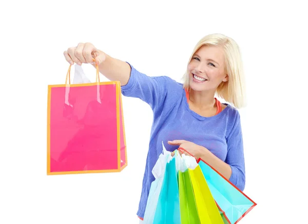Cannot Wait Open Unwrap Beautiful Young Woman Holding Out Bag — Stock Photo, Image