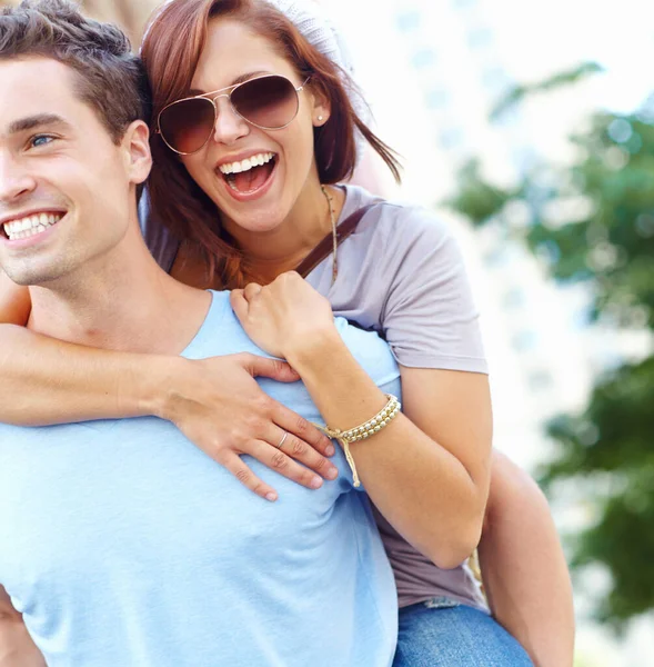 Taking Time Out Have Some Fun Couple Happy Girlfriend Getting — Stock Photo, Image