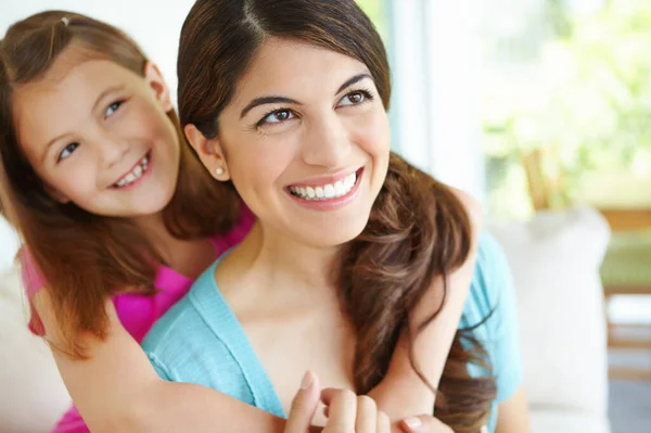 Giving Mom Big Hug Lovely Young Mother Smiling Her Daughter — Stock Photo, Image