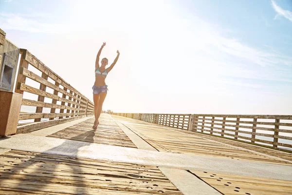 Life Better Summer Young Woman Bikini Walkway Beach — Stock Photo, Image