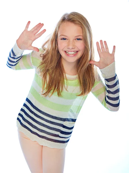 Счастливой Счастливой Девушки Студийный Снимок Молодой Девушки Жестикулирующей Белом Фоне — стоковое фото
