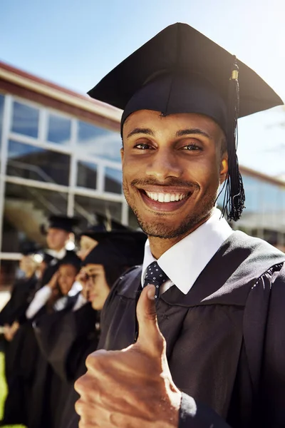 Did Portrait Smiling University Student Giving Thumbs Graduation Day — Stock Photo, Image