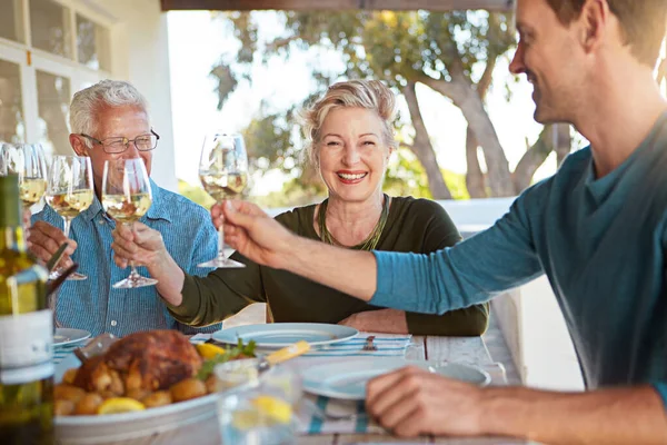 使家庭团聚的任何事都值得庆祝 一家人在户外吃午饭时用葡萄酒祝酒的快乐家庭 — 图库照片