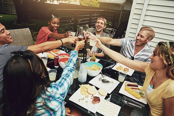 Celebrate Good People Good Times Group Friends Having Barbecue Yard — Stock Photo, Image