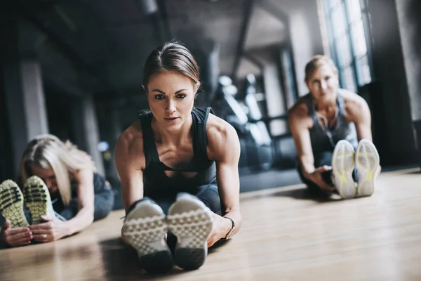Preparar Músculos Tiro Comprimento Total Três Mulheres Atraentes Atléticas Que — Fotografia de Stock
