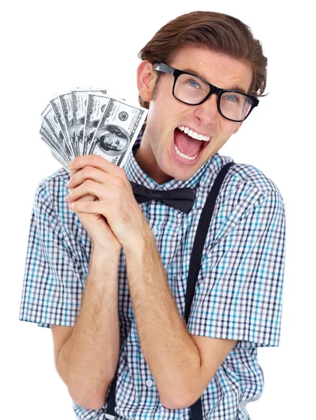 Výkřiky Peníze Vzrušený Muž Dolary Studiu Izolované Bílém Pozadí Vítěz — Stock fotografie