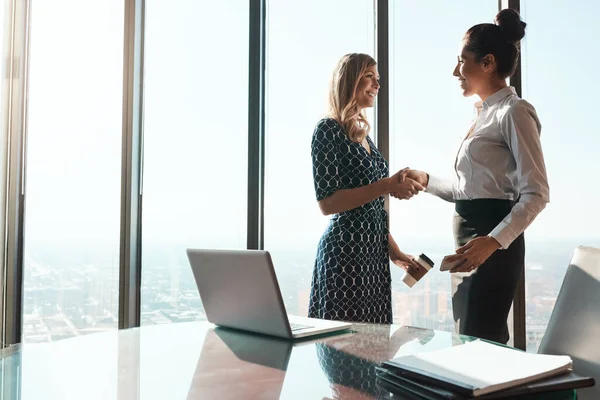 Connect with people who will open new doors for your business. two businesswomen shaking hands in an office