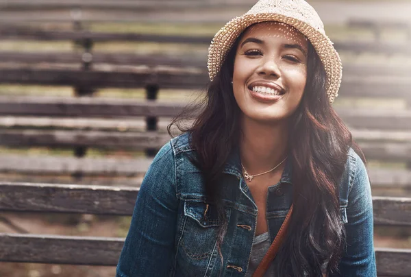 stock image Stress-free. Carefree. Free. Portrait of an attractive young woman spending a day in the park